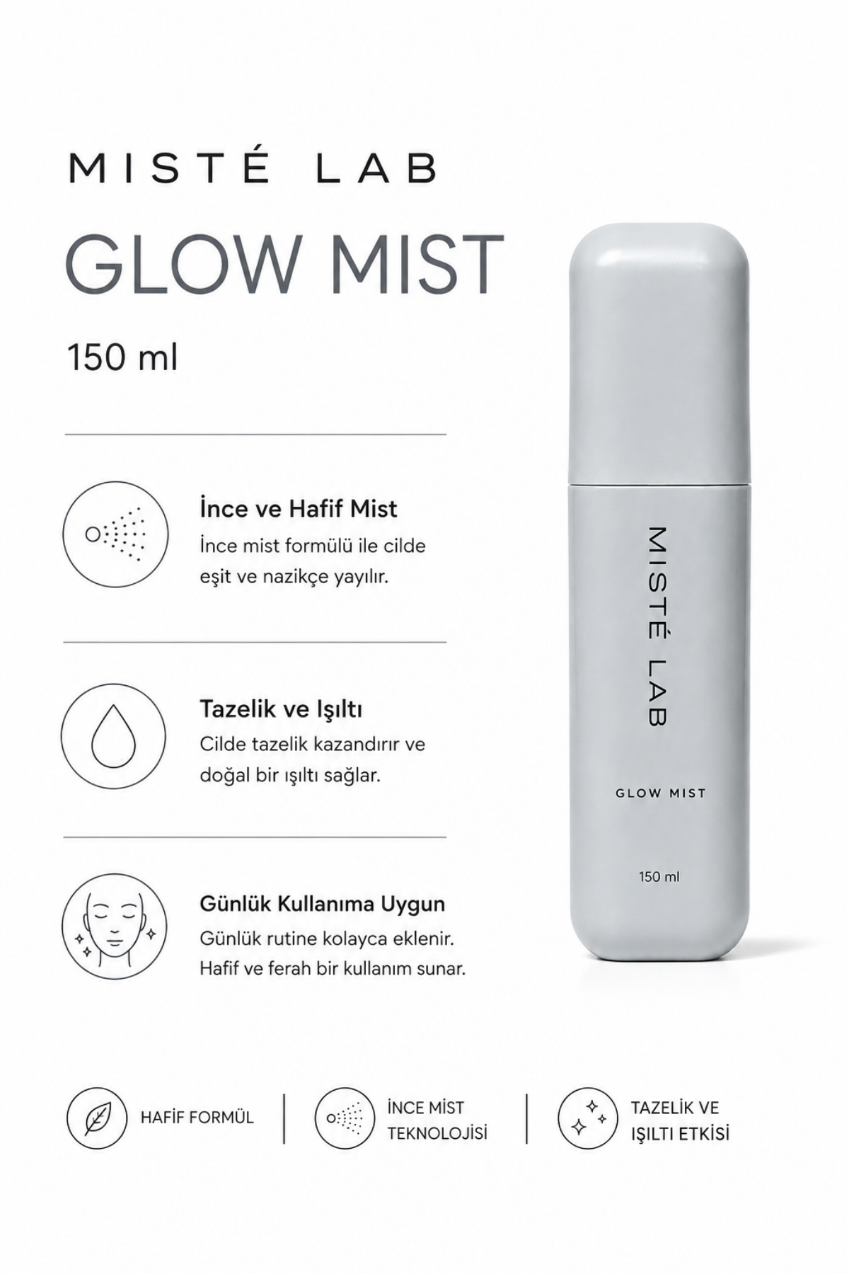 Misté Lab Glow Mist – Cam Cilt Etkili Işıltı Spreyi – içerik ve kullanım bilgisi görseli
